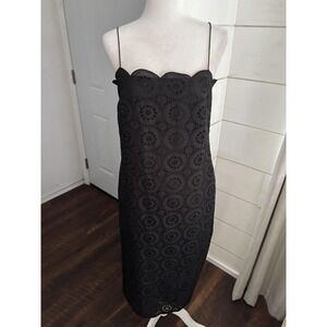 Matteau Slip Dress Womens 6 Black Eyelet Lace Midi‎ Scallop Hem Formal Cocktail